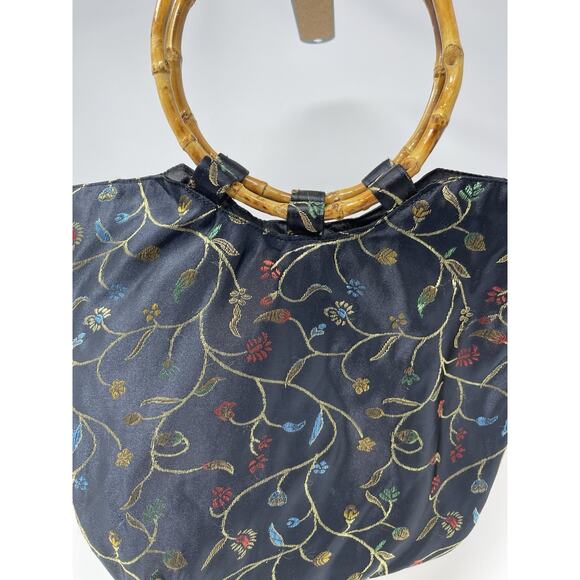 Women's Handbag Asian inspired Bambo Circle Handels Black Flower Embroidered - Picture 2 of 9